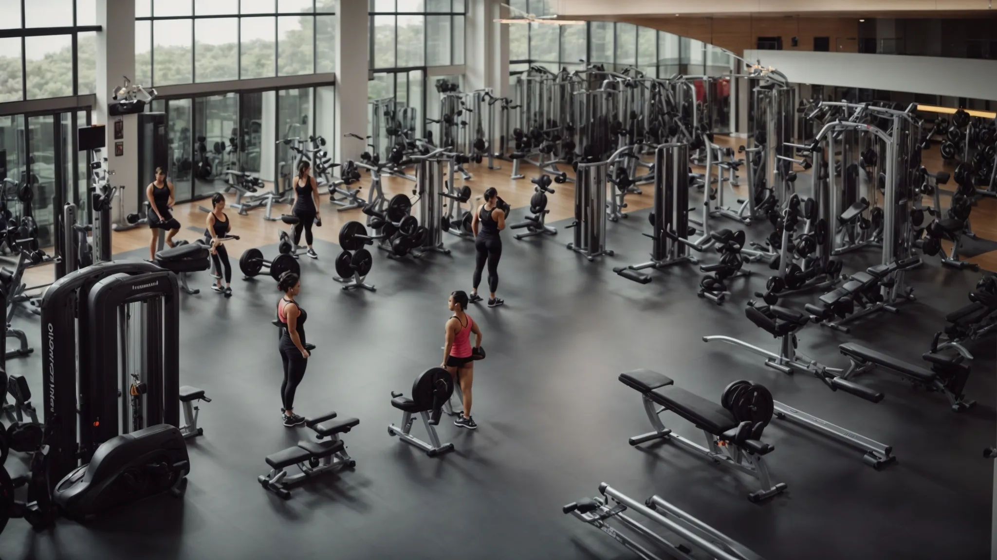 a wide view of a spacious, modern gym with various exercise equipment and a trainer guiding a client.