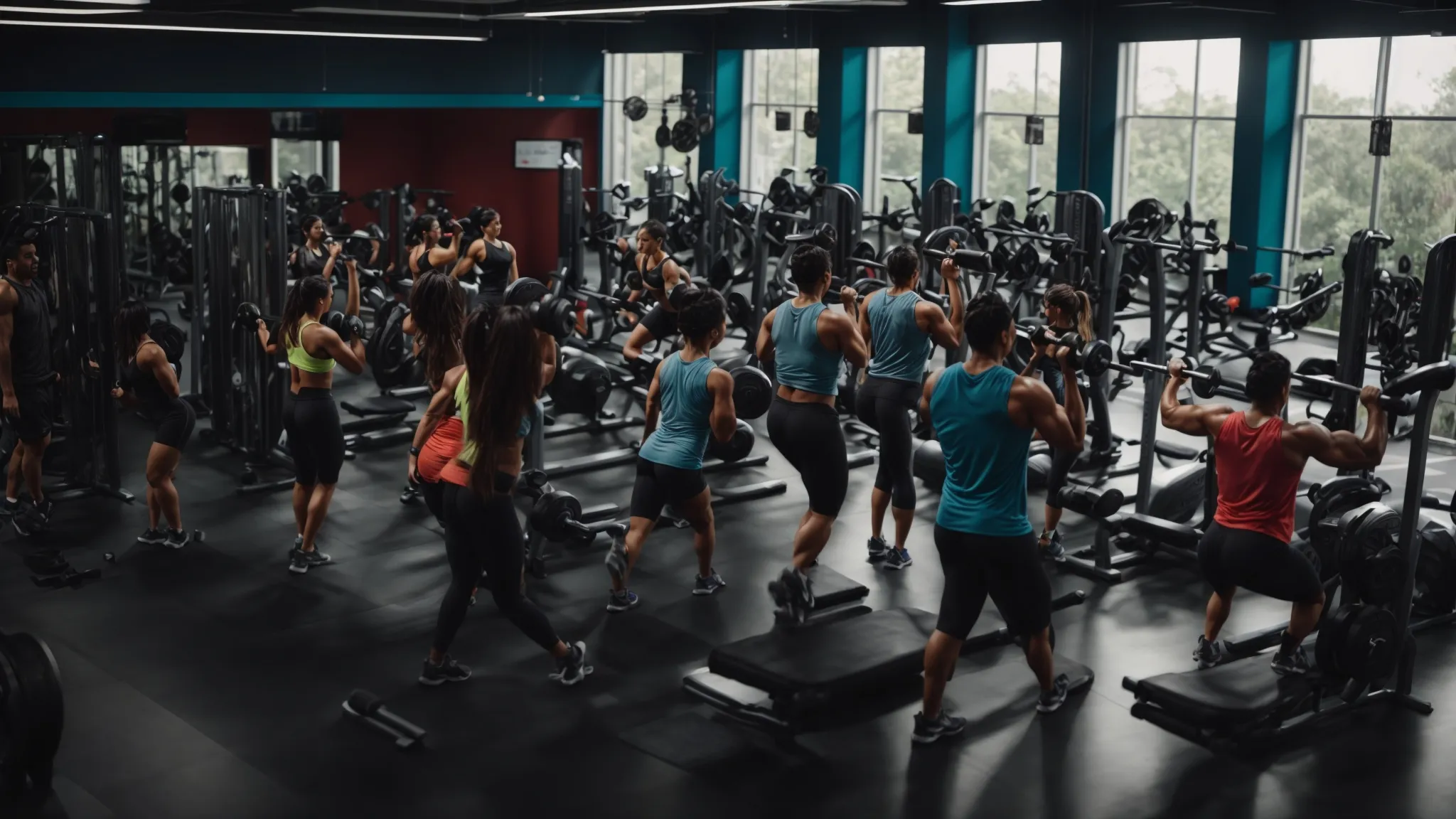 a bustling gym with individuals actively engaging in various workouts, highlighting the gym's adaptability to different schedules.