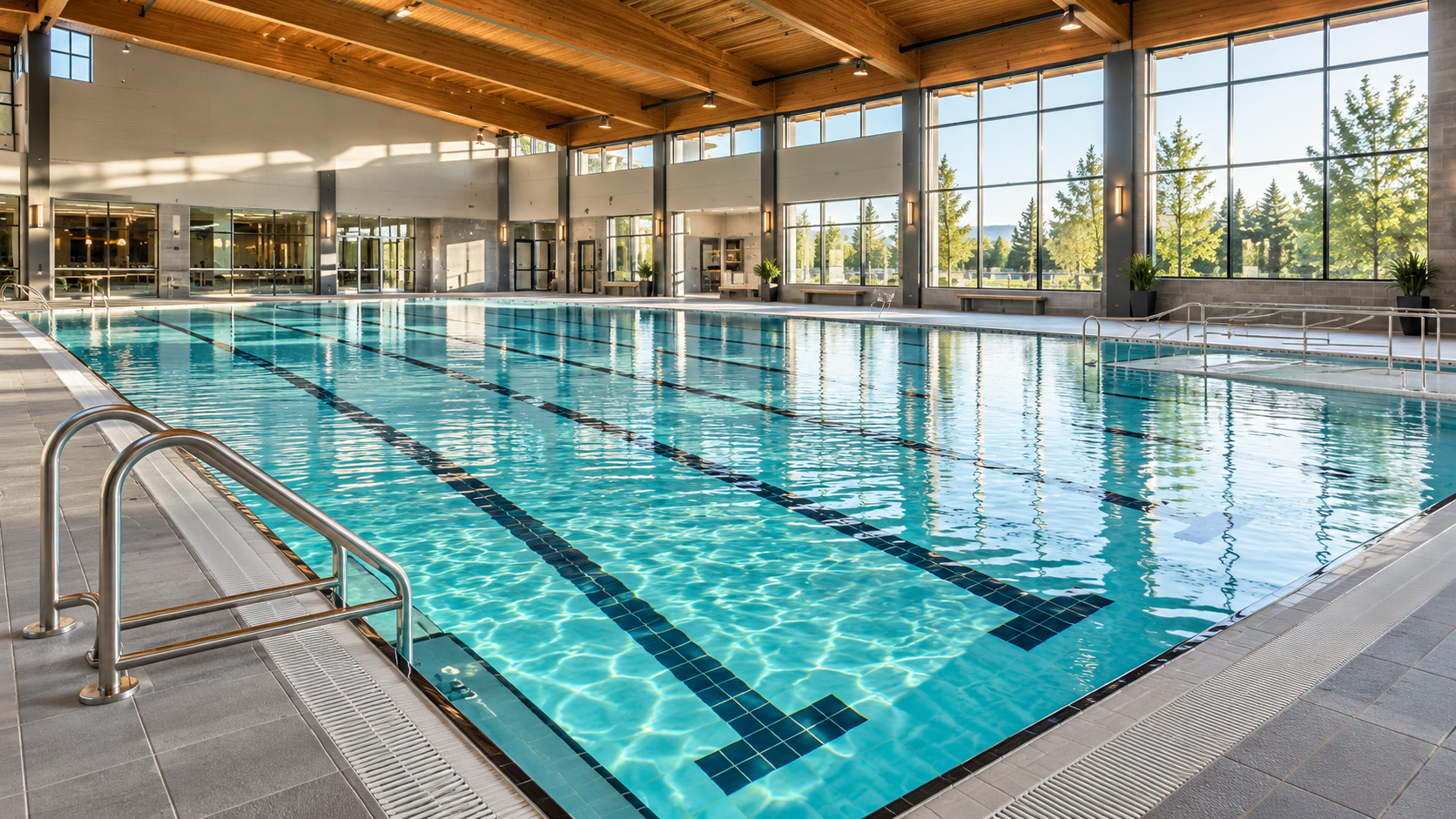 Large indoor lap pool with lane markings and expansive windows