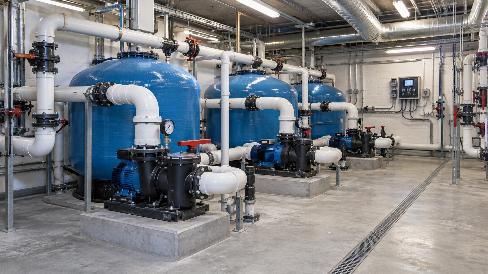 Commercial pool filtration room with blue filter tanks, pumps, and white piping