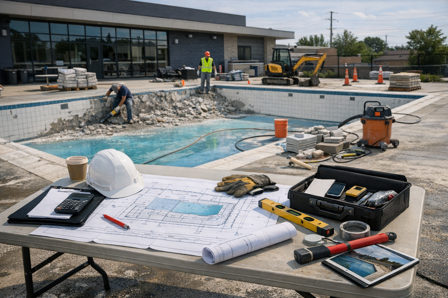 Pool renovation plans and tools beside an active commercial pool construction site